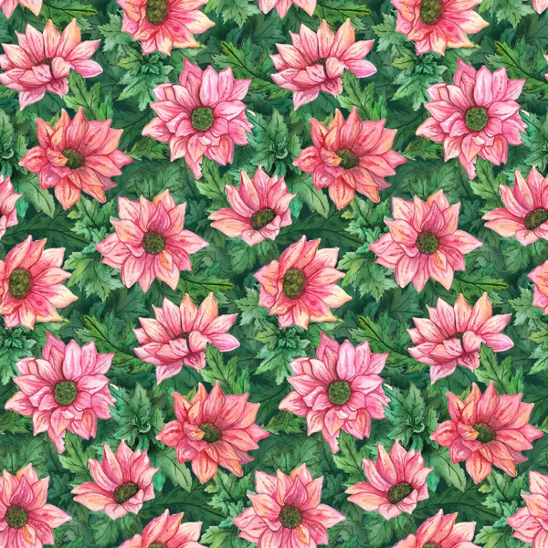 Aquarelle Rose Chrysanthème Fleurs Vert Feuilles Sans Couture Motif Texture — Photo