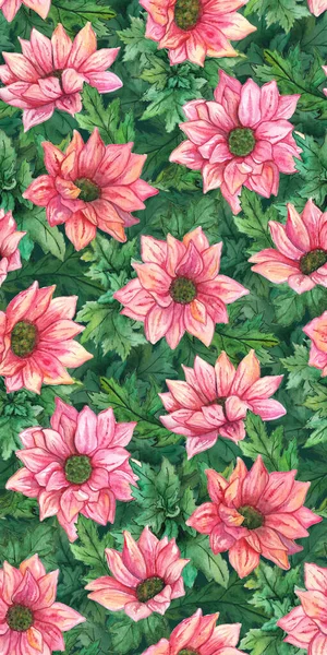 水彩ピンク菊の花緑の葉シームレスなパターンテクスチャ背景 — ストック写真