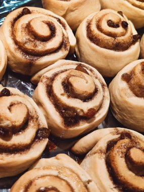 Tarçınlı çörek haşhaş tohumları üzümler krem jöleli fırın ürünleri lezzetli tatlı yiyecekler fotoğrafı.