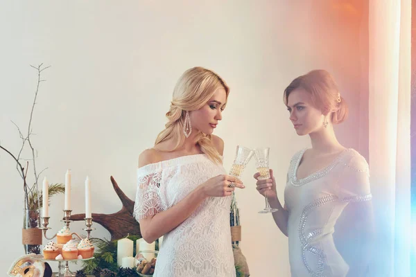 Két gyönyörű nők pezsgővel — Stock Fotó