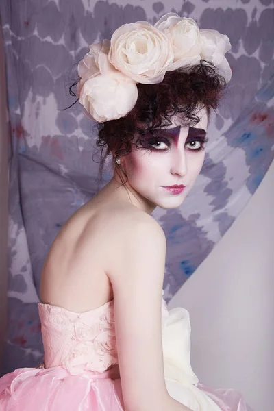 Clown Maquillage Femme Robe Mariée Flowers Scenic Image Beauté Fille — Photo