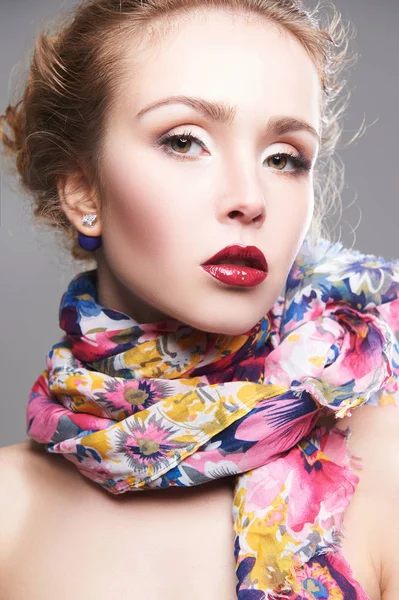 Beauty make-up girl in colorful scarf — Stock Photo, Image