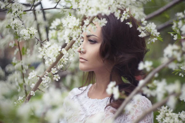 Jonge Vrouw Schoonheid Appelboom Bloemen — Stockfoto