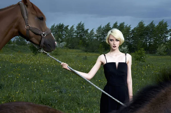 Krásná mladá žena s koňmi — Stock fotografie