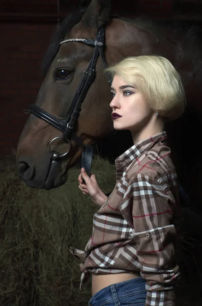 Schönheit blonde Mädchen und Pferd — Stockfoto