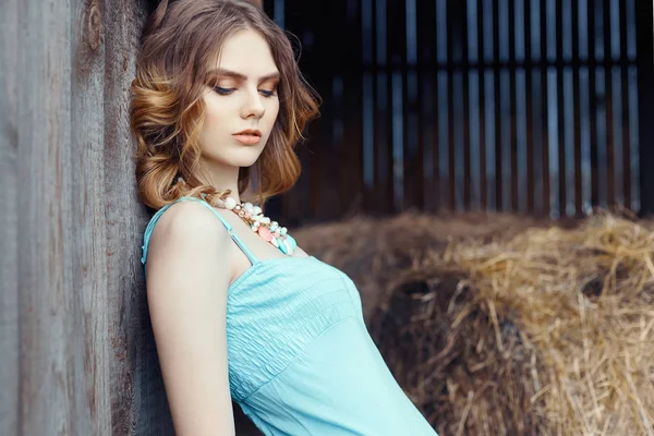 Beautiful country girl in blue dress — Stock Photo, Image