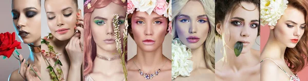 Collage schöner Frauen mit Blumen. schöne Mädchen — Stockfoto