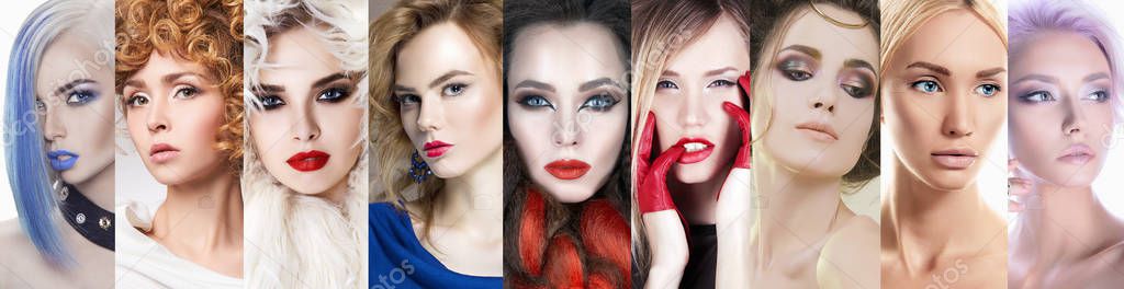 collage of beautiful women. girls with make-up and color Hair