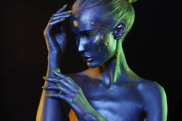 Beautiful Girl Paint Art Portrait Blue Green Light Make Fairy — Stock Photo, Image