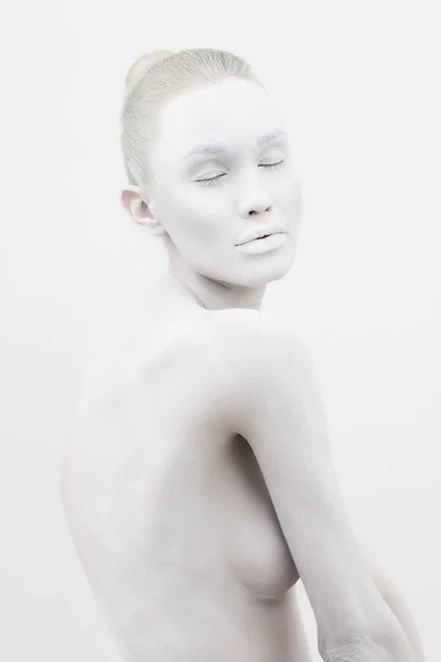 Beautiful Naked Woman White Paint Beautiful Nude Girl Body Art — Stock Photo, Image