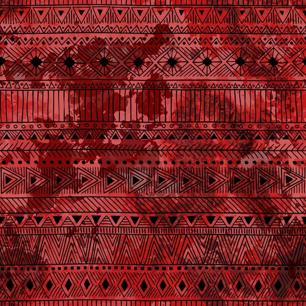 Sömlös etnisk bakgrund. Röd akvarell konsistens. Svart geomet — Stock vektor