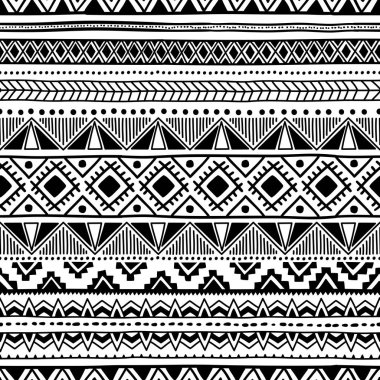 Dikişsiz etnik desen. Siyah ve beyaz geometrik süsleme. PRI