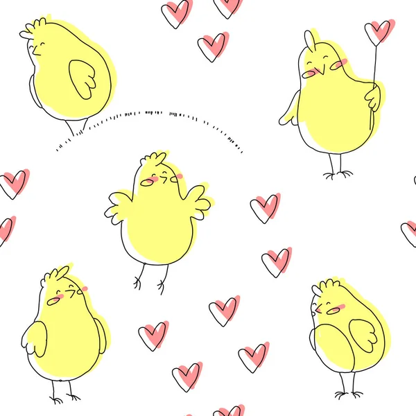Weinig kippen. Naadloze patroon. Tekenen met de hand. Cartoon vogel — Stockvector