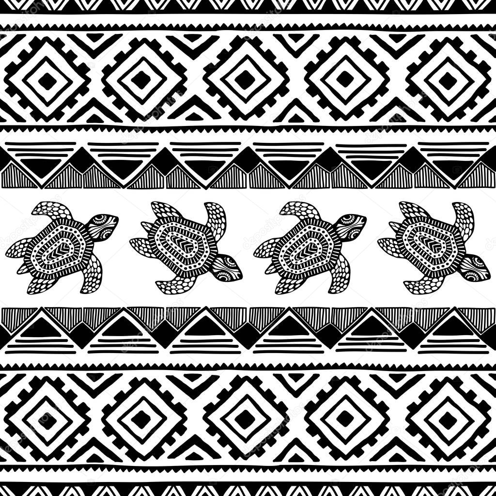 Turtle. Black and white seamless pattern. Ethnic and tribal moti