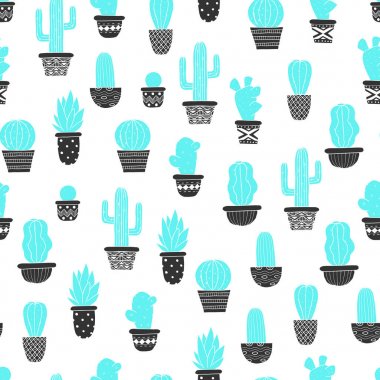 Kaktüs - Dikişsiz desen. Doodle tarzda çizilmiş. Tatlı su