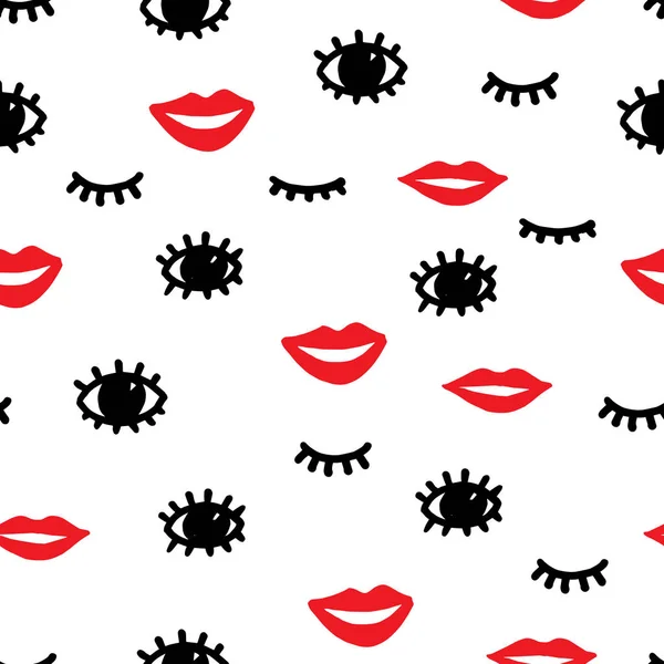 Modèle de mode sans couture. lèvres rouges, yeux noirs et cils sur — Image vectorielle