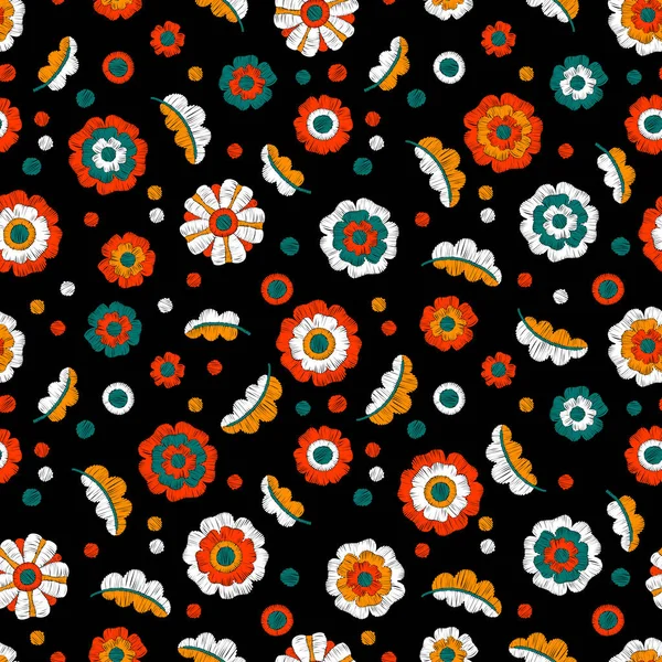 Motif floral brodé sans couture. Fait main. Broderie colorée — Image vectorielle