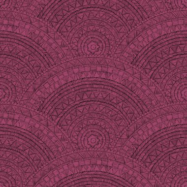 Dikişsiz desen işlemeli. Patchwork tarzda süsleme. El yapımı. Mor baskı Tekstil için. Vektör çizim.