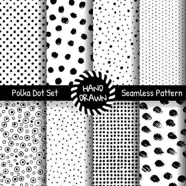 Seamless Pattern Polka Dot Black Dots White Background Set Vintage — Stock Vector