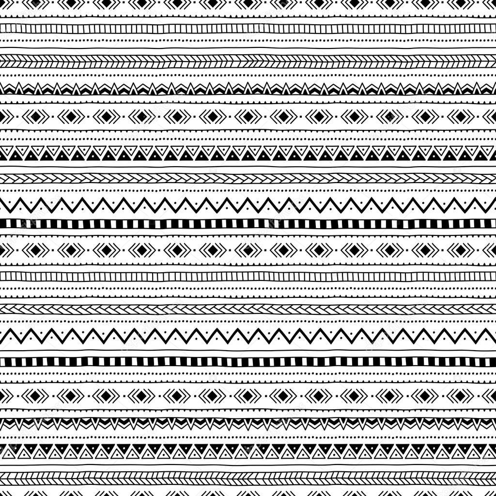 Seamless ethnic pattern. Handmade. Horizontal stripes. Black and