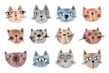 Elle çizilmiş kedi ağızlıkları. Hayvan çizgi film deseni için