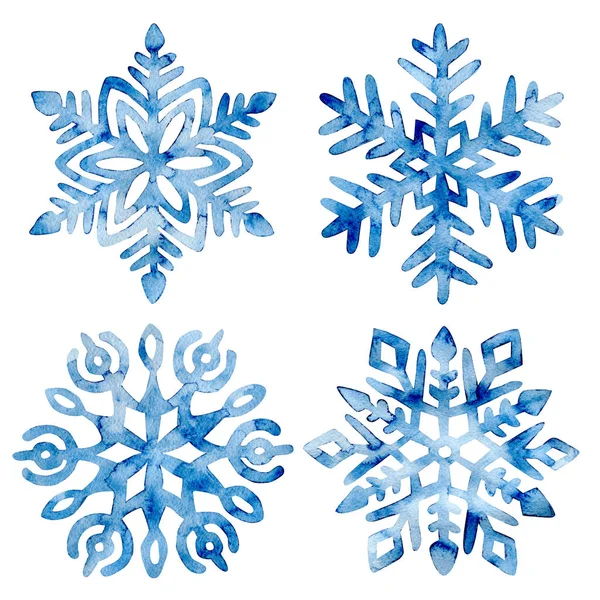 Set di fiocchi di neve ad acquerello. Cristalli di gelo disegnati su carta da h — Foto Stock