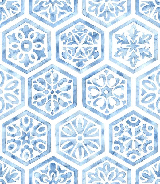 Бесшовный Акварельный Рисунок Белый Синий Орнамент Печать Текстиля Шестиугольники Нарисованные — стоковое фото