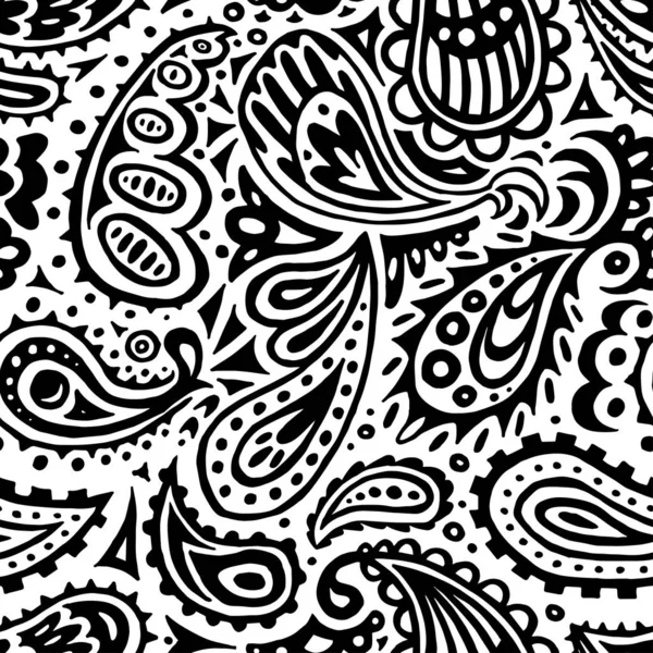 Sömlöst svartvitt mönster. Bläck paisley prydnad handritning — Stock vektor