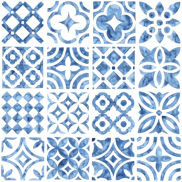 Azulejos patrón de acuarela sin costura. Estilo patchwork azul y blanco — Vector de stock