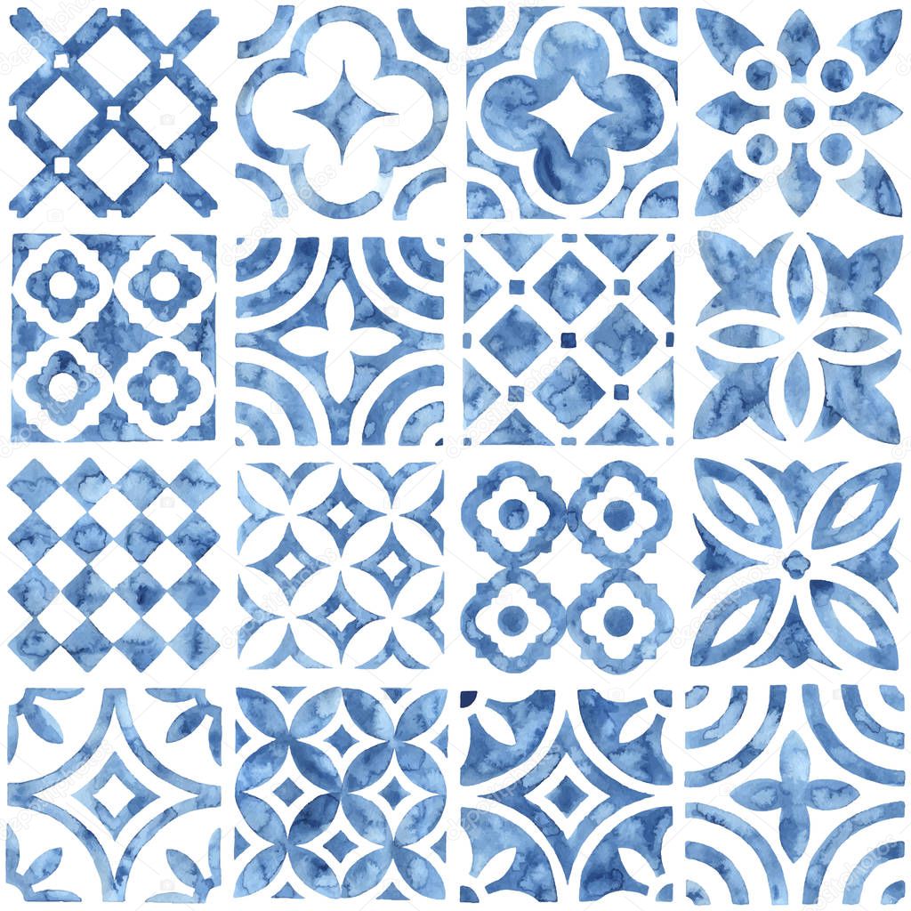 Tile seamless watercolor pattern. Blue and white patchwork style