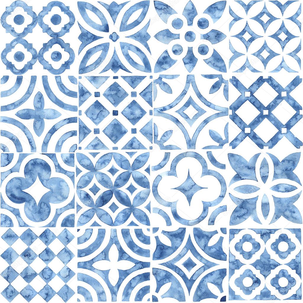 Seamless moroccan pattern. Square vintage tile. Blue and white w