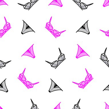 İç çamaşırı desenli. Tekstil, duvar kâğıdı ve ambalaj için zarif bir baskı. Beyaz arka planda seksi iç çamaşırları ve sutyenler. İzole edilmiş pembe ve siyah nesneler.