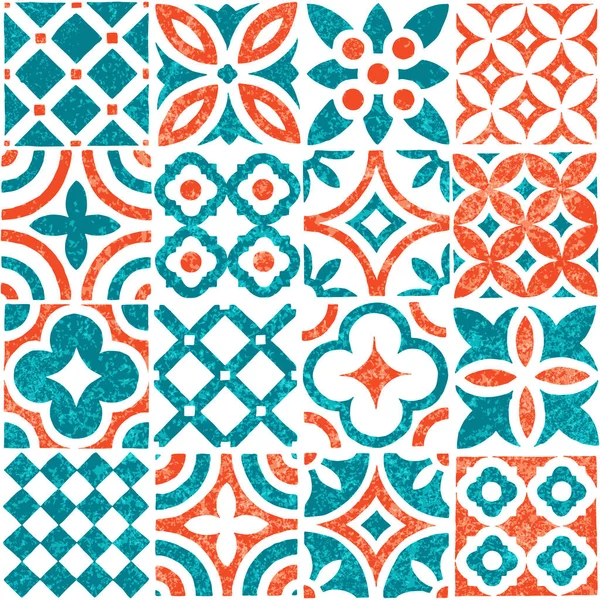 Azulejos Patrón Sin Costura Colores Blanco Naranja Azul Adorno Dibujado — Archivo Imágenes Vectoriales