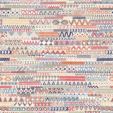 Bohem tarzında kusursuz geometrik desen. El yapımı yama süsü. Tekstil için renkli baskı. Etnik ve kabile motifleri.