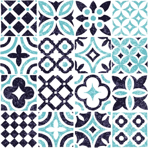 Azulejo Azul Blanco Patrón Sin Costura Adorno Grunge Patchwork — Vector de stock