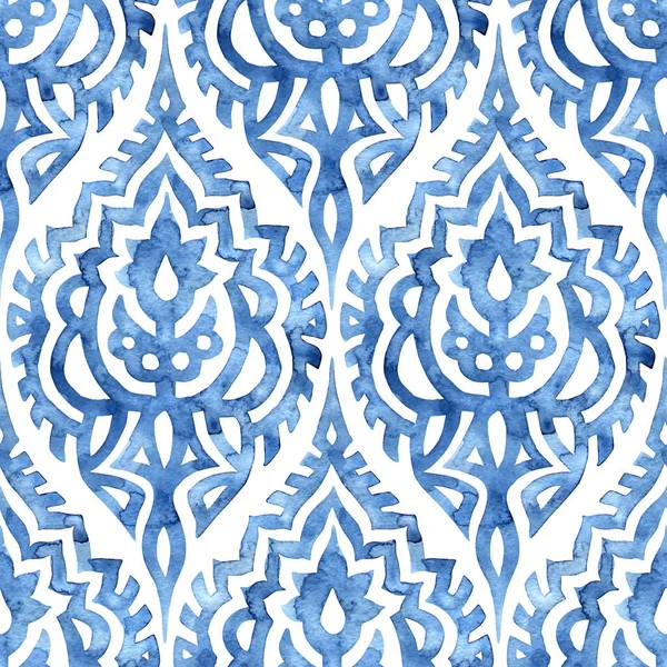 Nahtloses Aquarellmuster Blaue Und Weiße Pinsel Gezeichnete Ornamente Auf Papier — Stockvektor