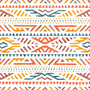 Güzel bir yaz kabilesi modeli. Boho tarzında renkli baskı. Etnik ve kabile motifleri. Beyaz arka planda elle çizilmiş geometrik süs. Grunge dokusu.