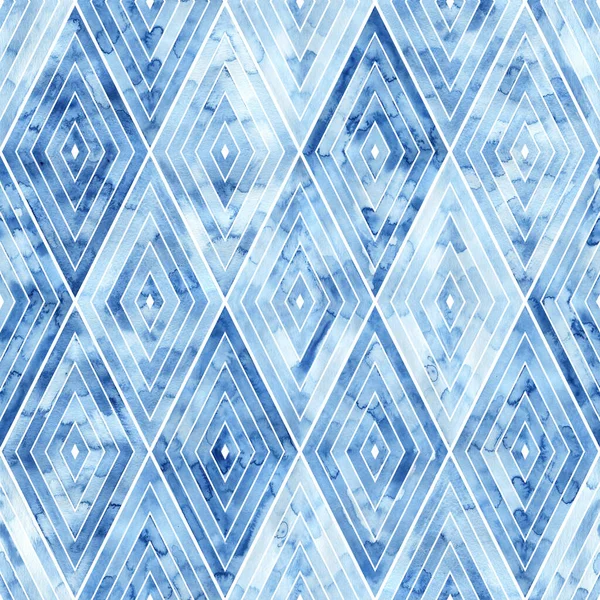 Geometrické Bezešvé Akvarel Vzor Modrý Kosočtverec Bílém Pozadí Umělecký Tisk — Stock fotografie