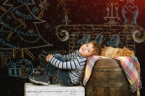Menino bonito posando com um gato em um fundo de Natal. Feliz Natal! — Fotografia de Stock