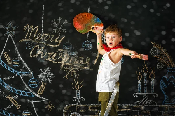 Kids paint Christmas background , get messy in the paint — Stock Photo, Image