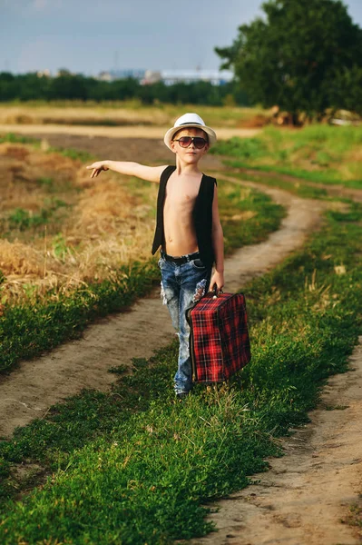 Elegantemente vestido chico en el campo con maleta — Foto de Stock