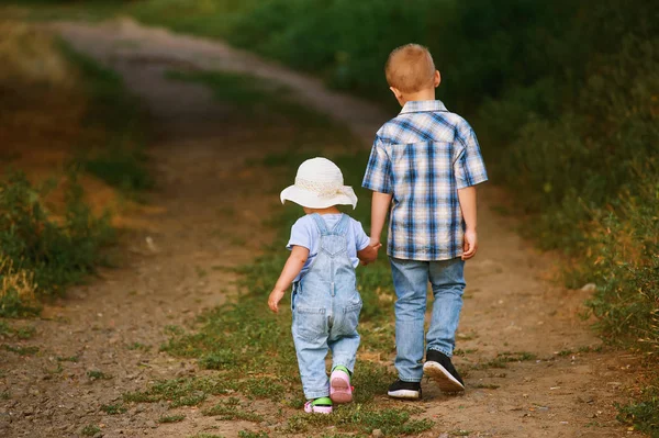 Bambini camminano in un parco, fratello e sorella in una passeggiata estiva — Foto Stock