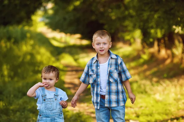 Children walk in a Park , Brother and sister on a summer walk — Stock Photo, Image