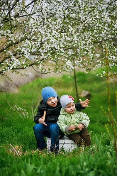 Cheerful brother and sister on a spring walk near flowering trees — Stock Photo, Image