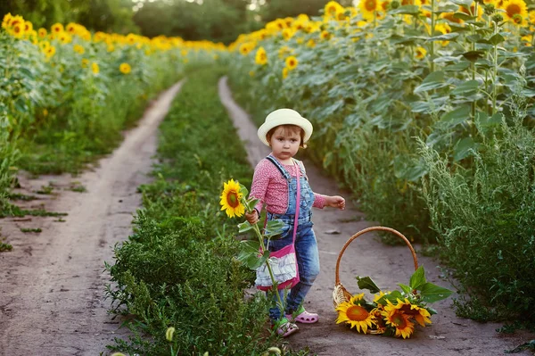 Portrait of a girl with a bouquet of sunflowers — Stock Photo, Image