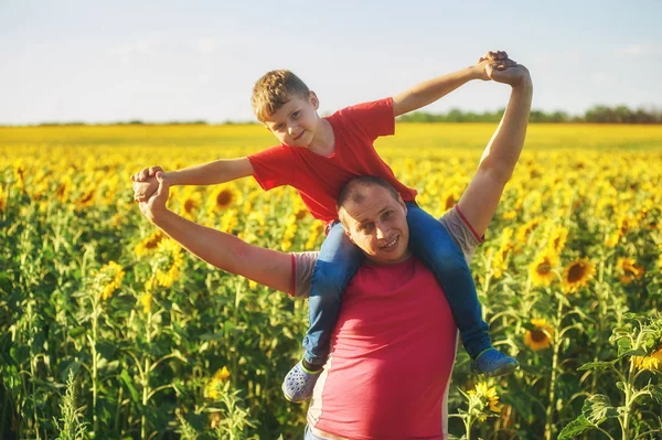 Padre con bambino in un campo di girasoli in fiore, la festa del papà — Foto Stock