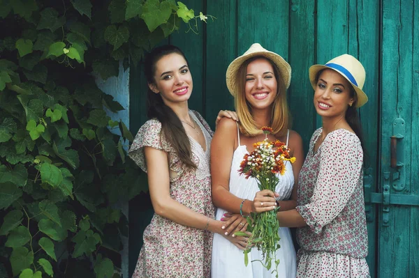 Beautiful girls in summer clothes pose in front of the countryside .