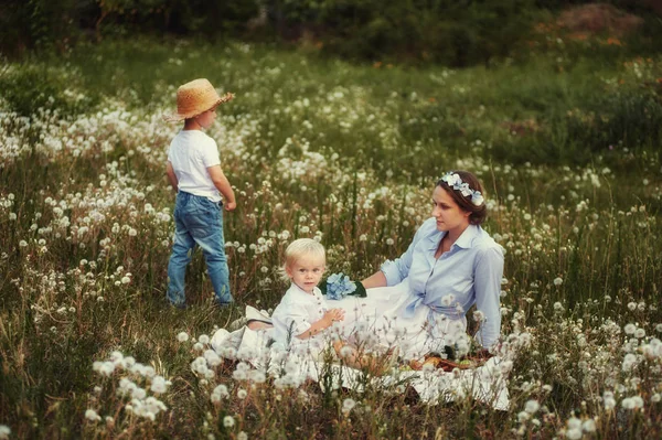 Anne ve iki oğlu piknik. Yaz tatil mutlu aile