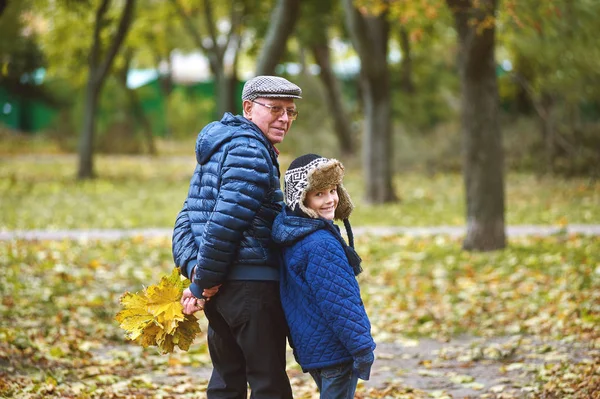 Nieto con el abuelo en un paseo por el parque de otoño — Foto de Stock