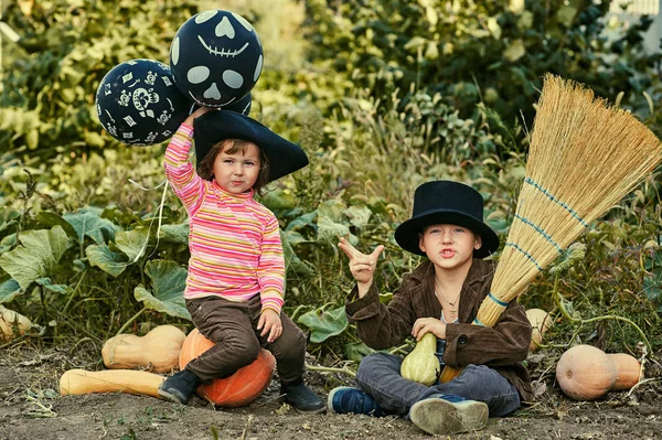 Holčička s bratrem v kostýmu klobouky venku s dýní. Veselý halloween ! — Stock fotografie